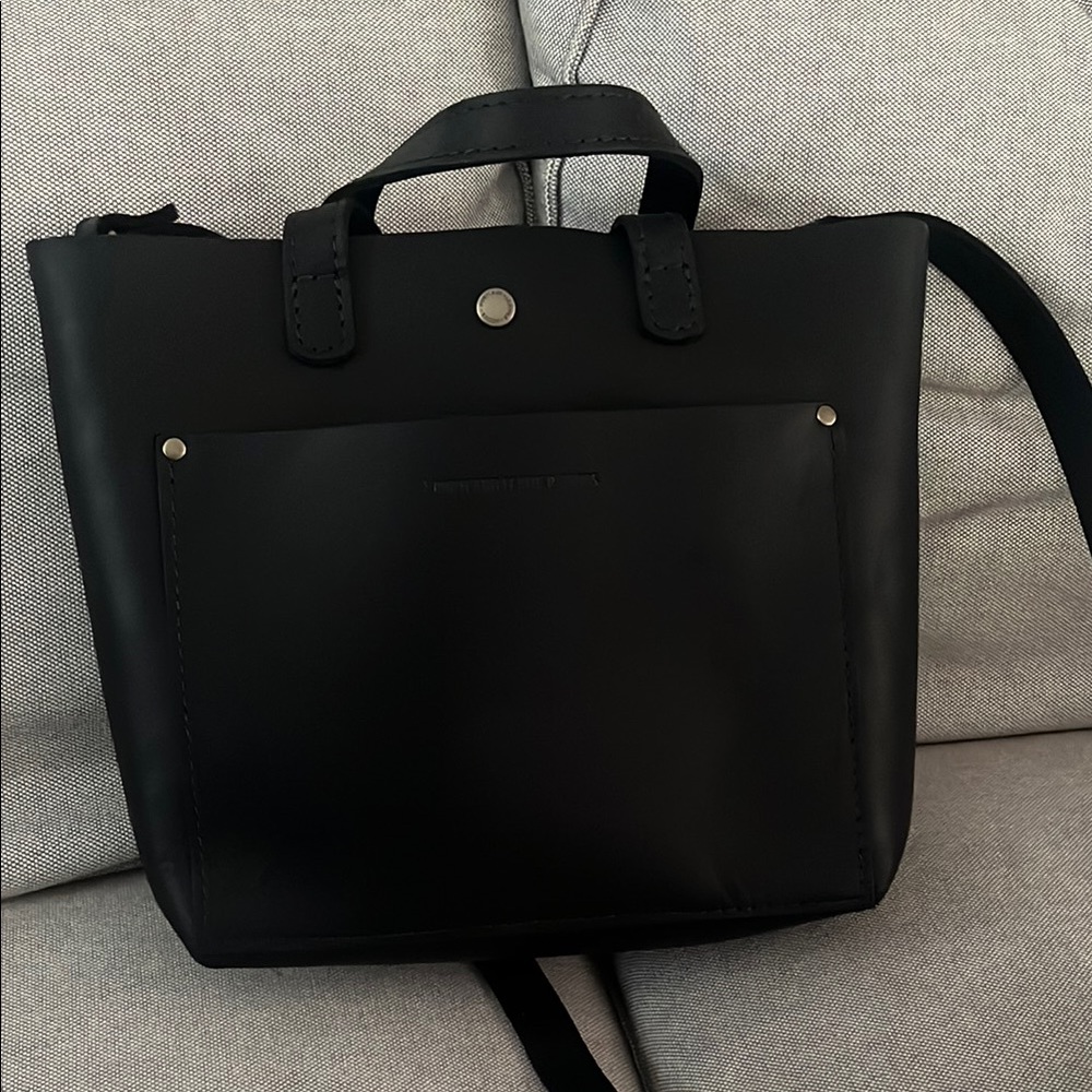 Portland Leather Goods mini snap Black Leather Tote Crossbody Bag.